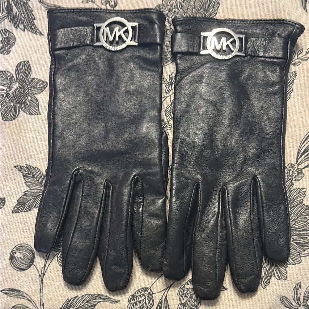 Michael Kors Black Leather Gloves MK Logo Classic Old Money Winter Equestrian